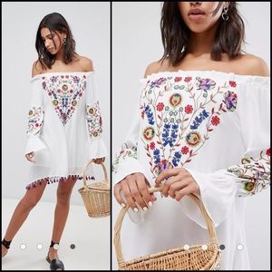 RAGA Embroidered Floral Off Shoulder Gauzy Tassel Hem Dress